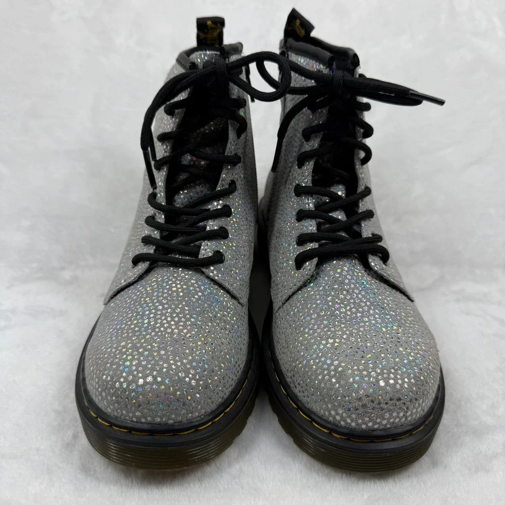 Dr. Martens 1460‎ Silver Holo Glitter Combat Boots Side Zip Kids Shoes M4 L5